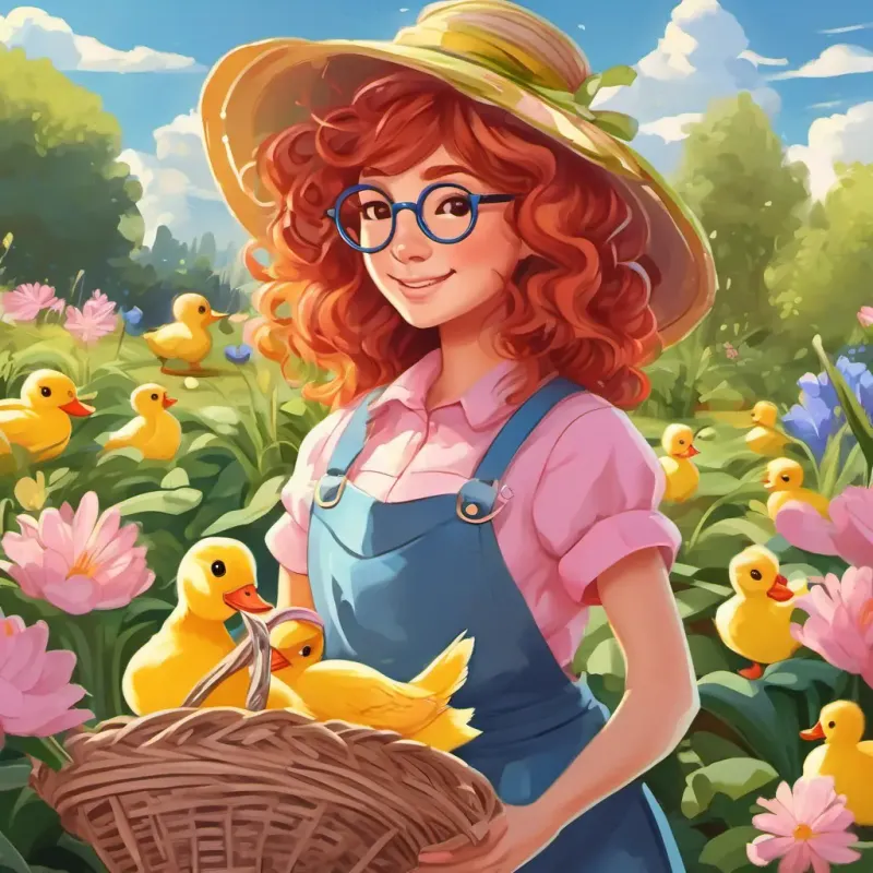 Curly red hair, brown eyes, pink pajamas with yellow duckies and Silver hair, glasses, flowery apron, big floppy hat are busy digging and planting in the garden. Birds are chirping around them, and the sun is shining in the blue sky.