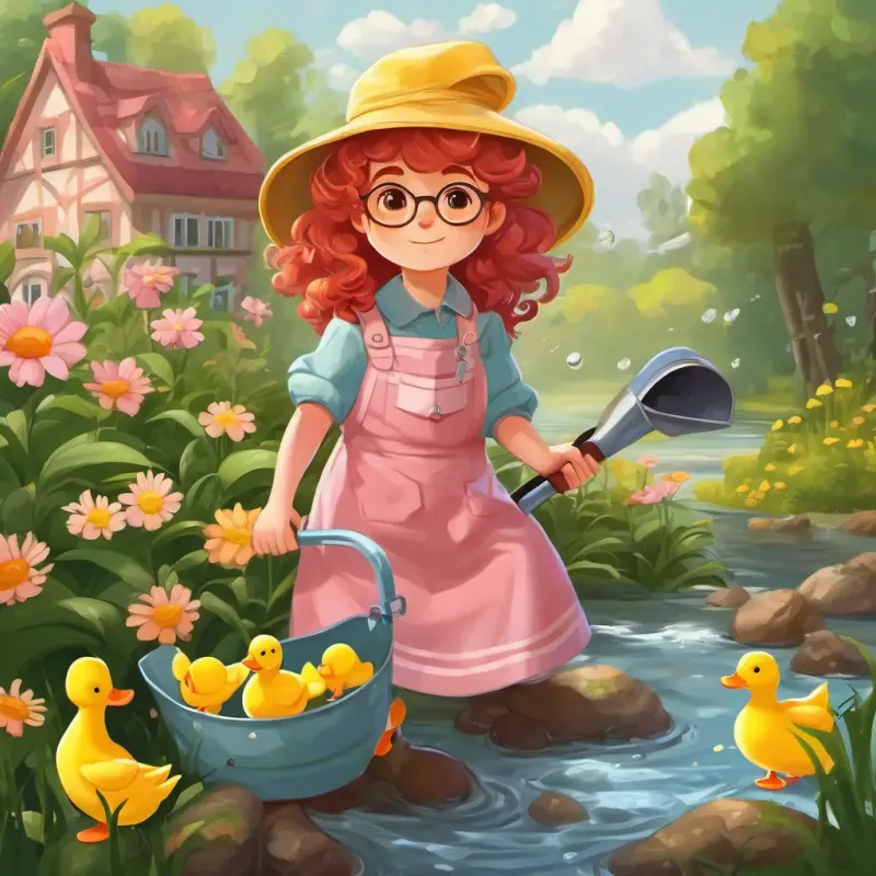 Curly red hair, brown eyes, pink pajamas with yellow duckies and Silver hair, glasses, flowery apron, big floppy hat are using a watering can and pulling out weeds. The sound of the water and the rustling of the leaves can be heard.