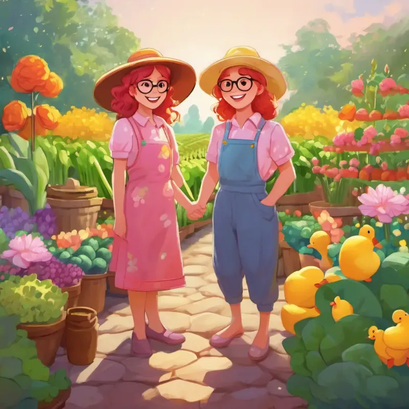 Curly red hair, brown eyes, pink pajamas with yellow duckies and Silver hair, glasses, flowery apron, big floppy hat are admiring the rows of colorful flowers and vegetables growing in the garden. They are smiling and giving each other high fives.