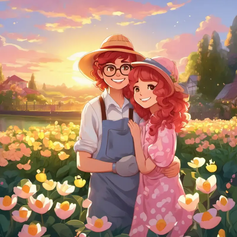 Curly red hair, brown eyes, pink pajamas with yellow duckies is giving Silver hair, glasses, flowery apron, big floppy hat a big hug, and they are both smiling. The sun is setting, and the garden looks beautiful in the warm evening light.