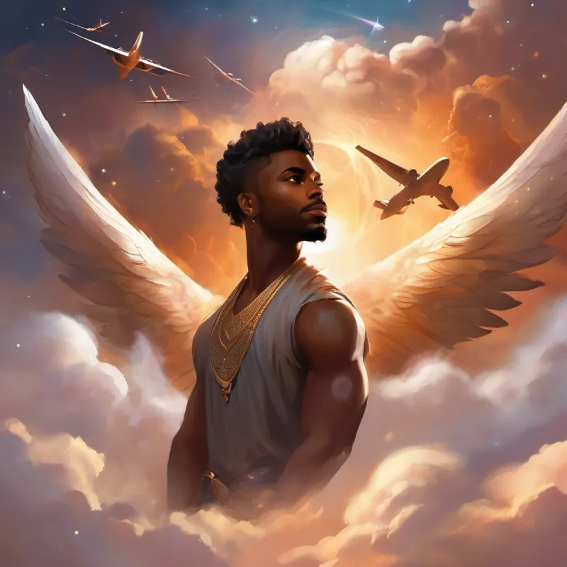 A black man with warm brown skin and kind, expressive eyes observing the airplanes and feeling a sense of admiration for their freedom.