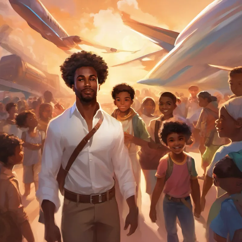 A black man with warm brown skin and kind, expressive eyes noticing the joyful diversity of the kids at the airport.