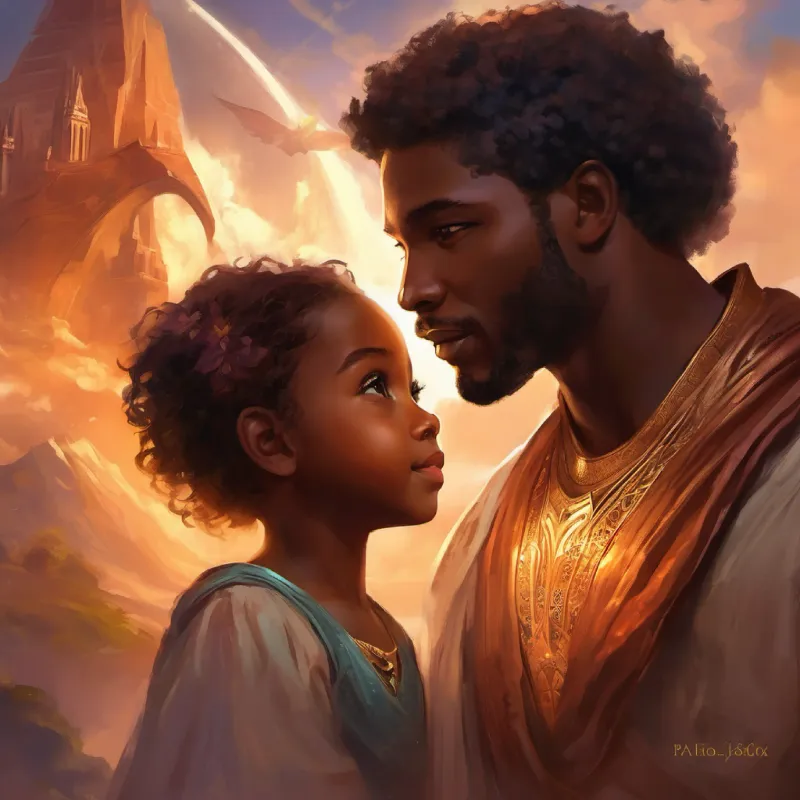 The introduction of a little girl and her conversation with A black man with warm brown skin and kind, expressive eyes, highlighting their shared love for adventure.