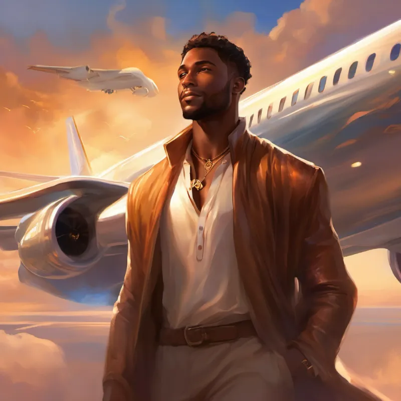 A black man with warm brown skin and kind, expressive eyes boarding the plane, carrying the warmth and joy he found at the airport in his heart.