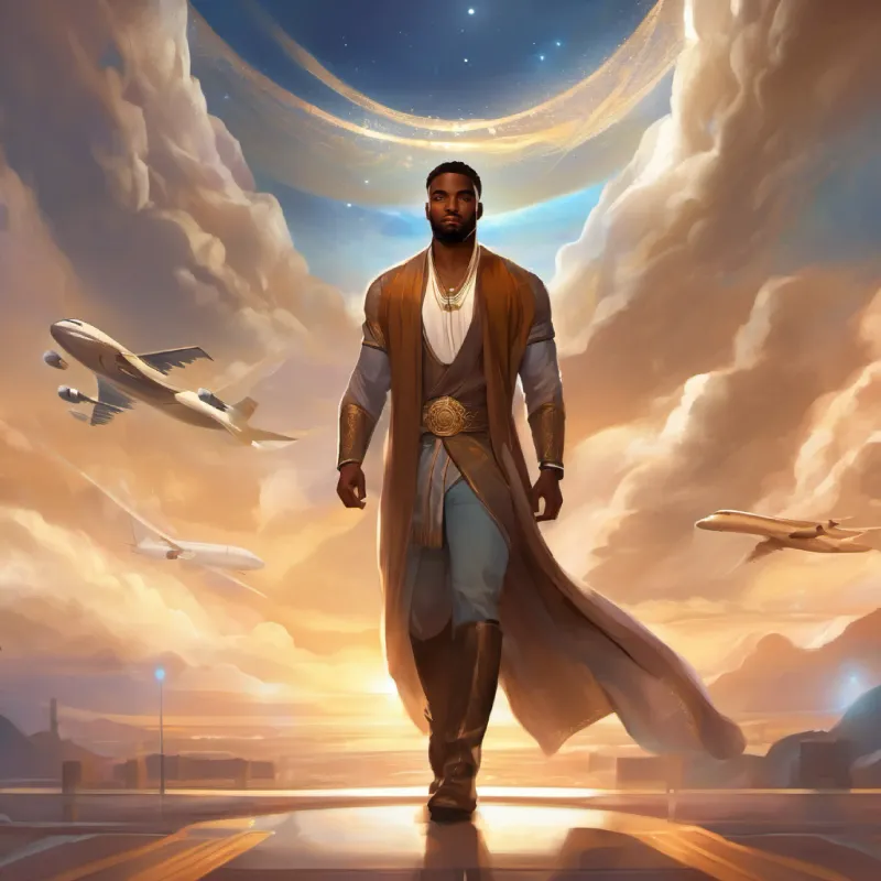 A black man with warm brown skin and kind, expressive eyes reflecting on his experiences at the airport and feeling grateful for the restored faith in humanity.