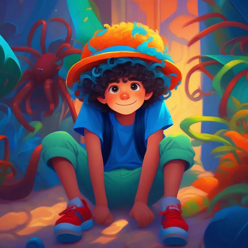 Boy with curly hair, blue shirt, and silly hat and spider, indoors, vibrant colors