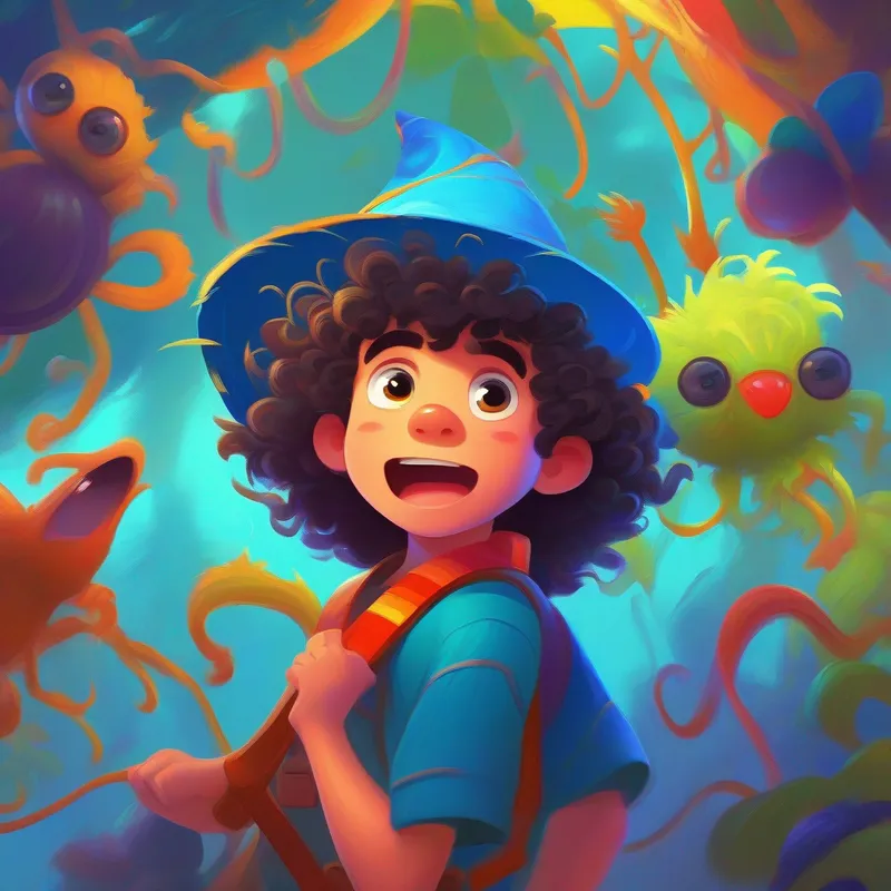 Boy with curly hair, blue shirt, and silly hat and spider, exciting expressions, bright colors