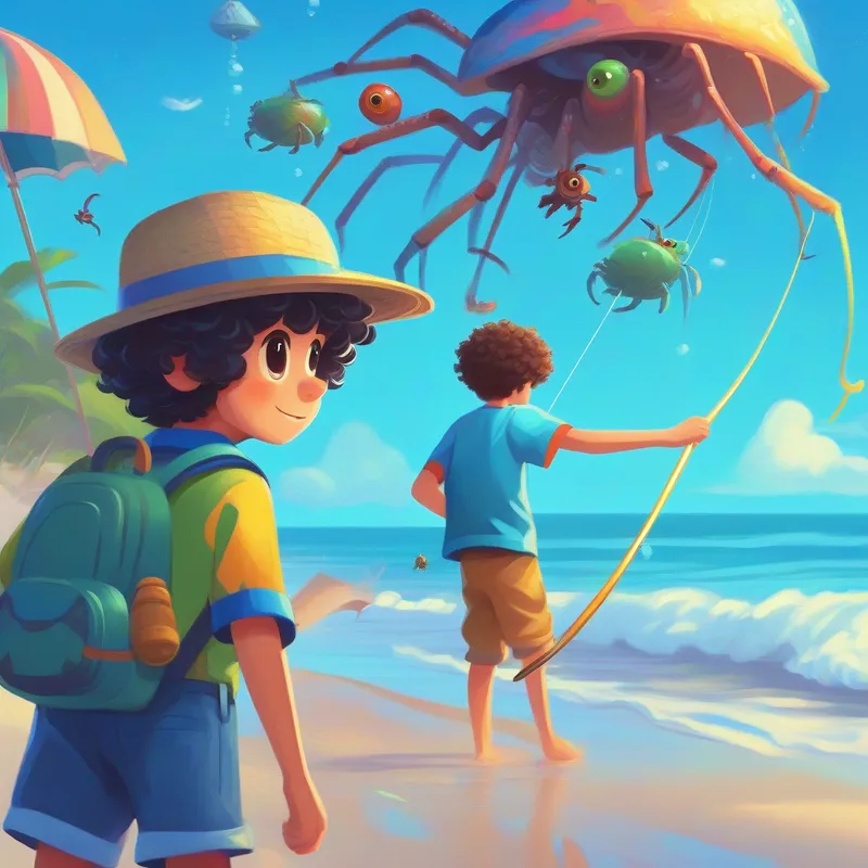 Boy with curly hair, blue shirt, and silly hat and spider fishing at the beach, serene colors