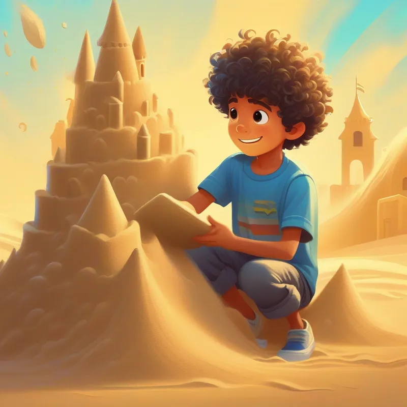 Boy with curly hair, blue shirt, and silly hat and spider building a huge sand castle, sandy colors