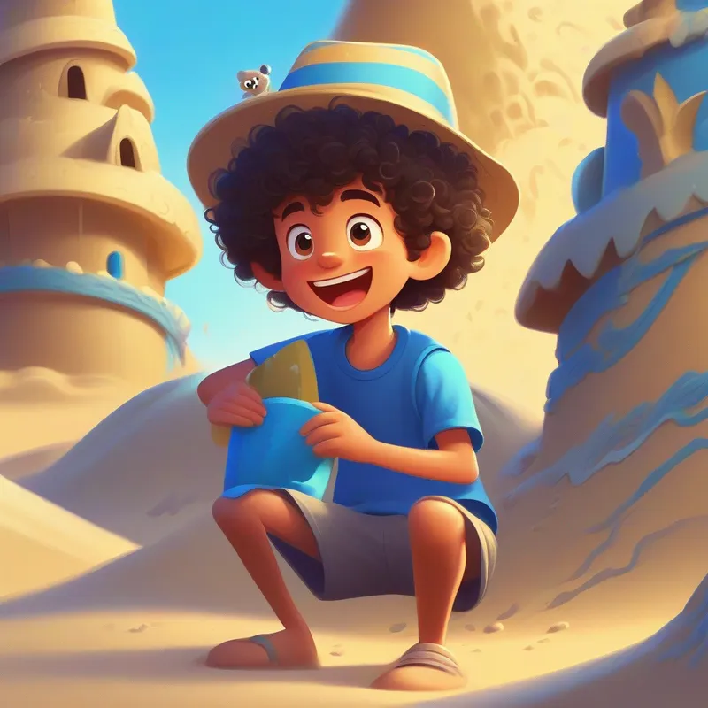 Boy with curly hair, blue shirt, and silly hat and spider happily living inside the sand castle
