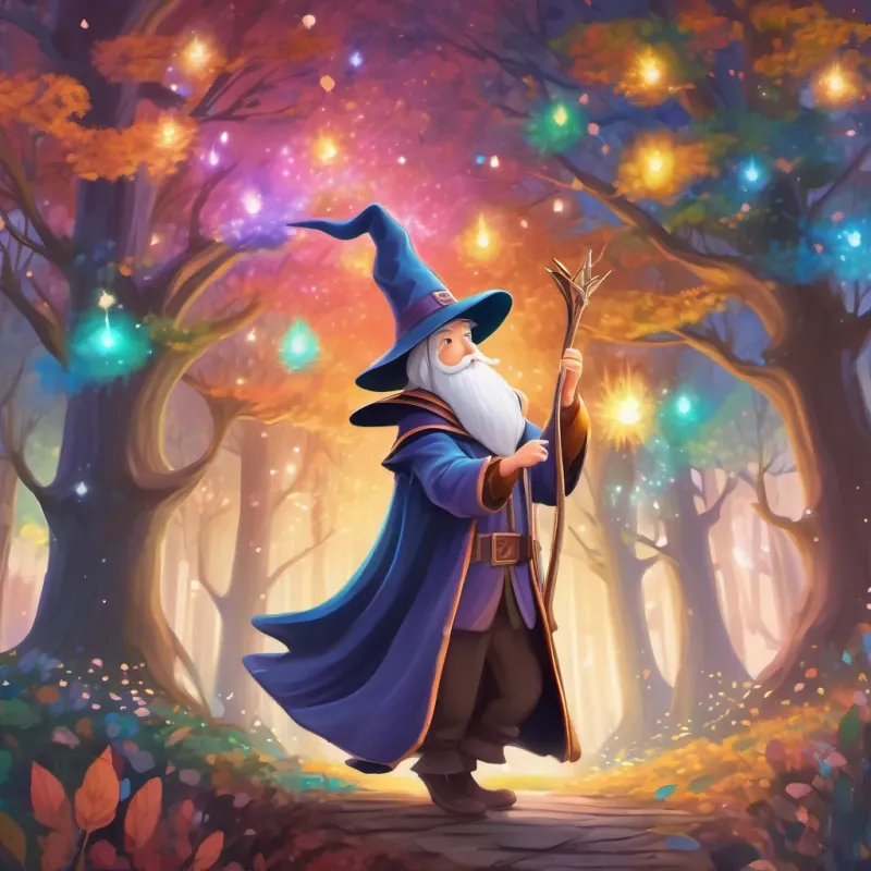 A whimsical wizard with a tall hat that has sparkling magic swirling around it, surrounded by colorful singing trees in a magical forest.