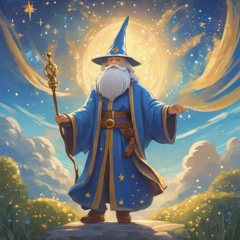 A wizard wearing a blue robe with shimmering stars, standing under a bright blue sky.