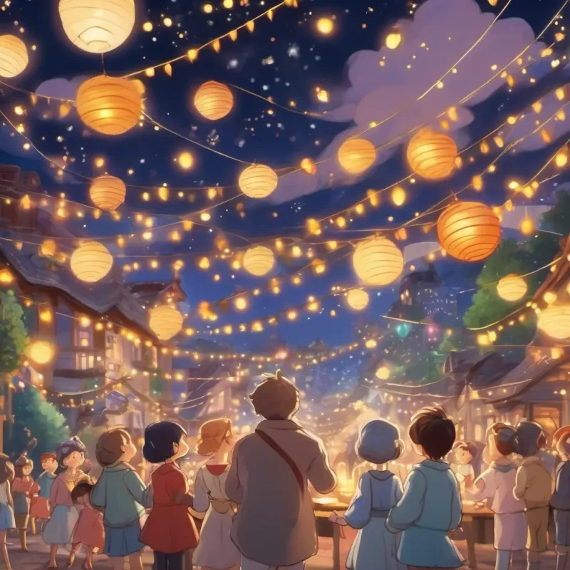 A celebration under a night sky filled with stars, with dancing and laughing characters.