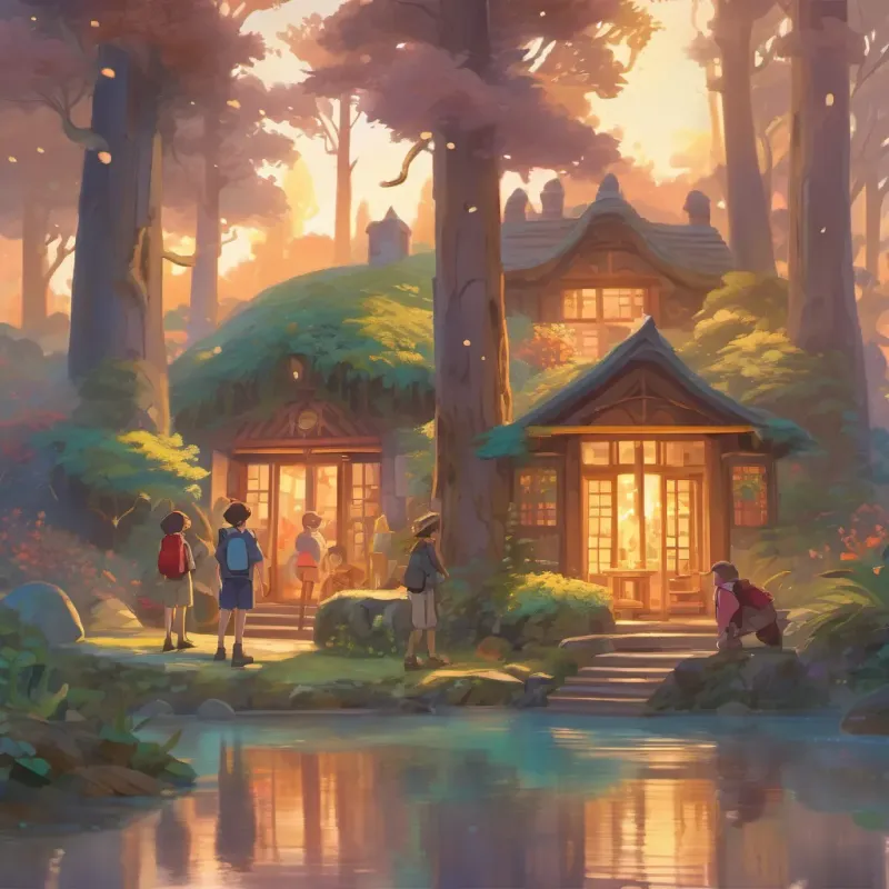 A group of friends standing together with a sense of adventure, surrounded by a magical glow.