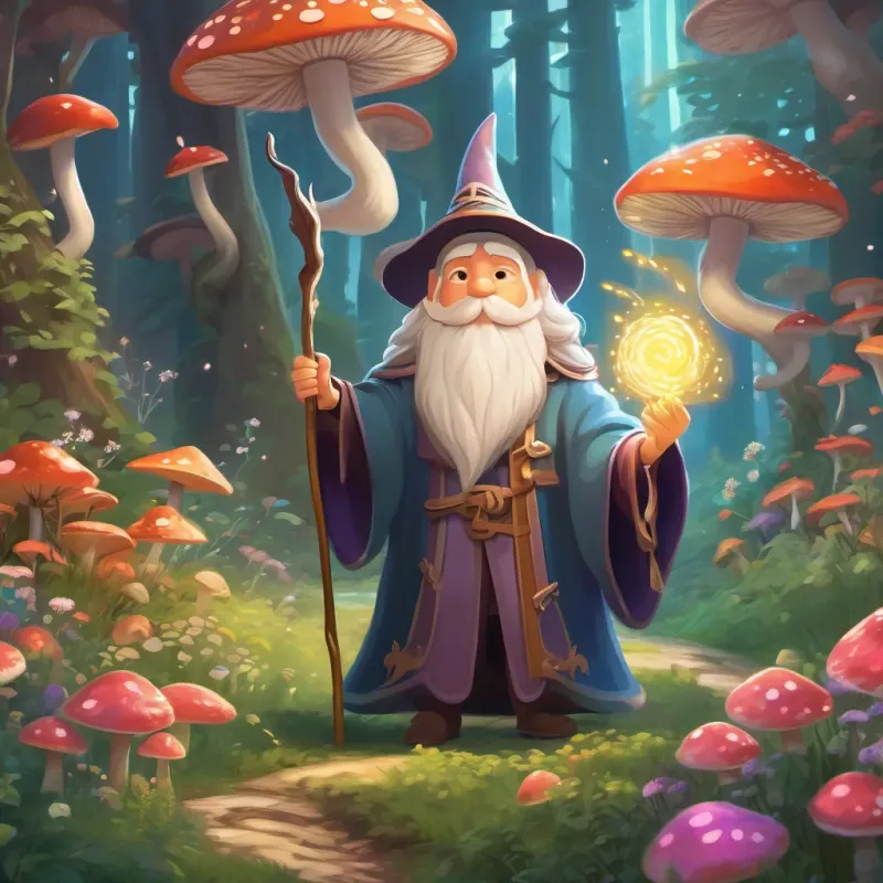 A wizard waving a wand that causes flowers to bloom and mushrooms to glow in a magical forest.