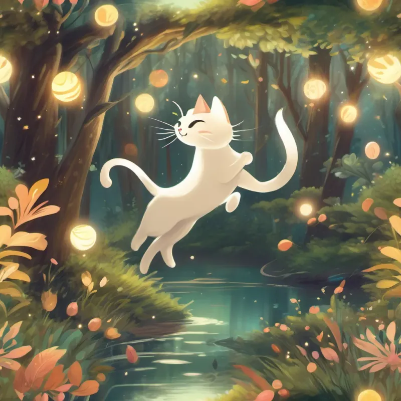 A cat with whirling whiskers, dancing through moonbeams in a whimsical forest.