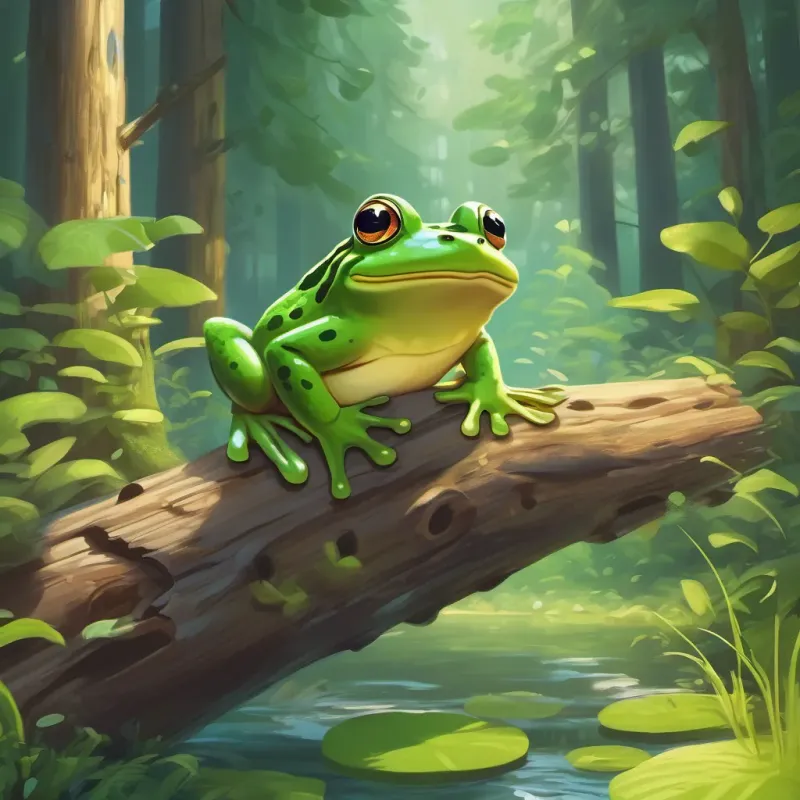A bouncy green frog named A bouncy green frog who lives in a log and has a playful demeanor jumping out of a log in a magical forest.