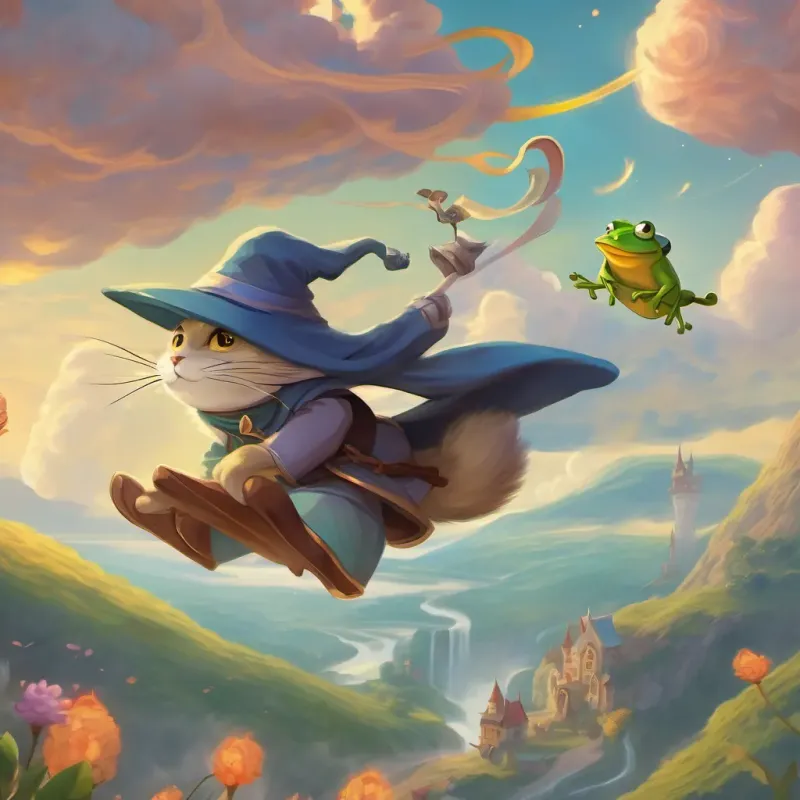 A wizard, a cat, and a frog soaring together through the sky with magical energy around them.