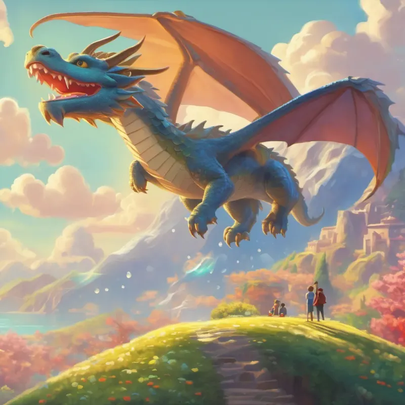 A dragon with dewdrops glistening on its scales flying in a bright sunny sky while friends look up.