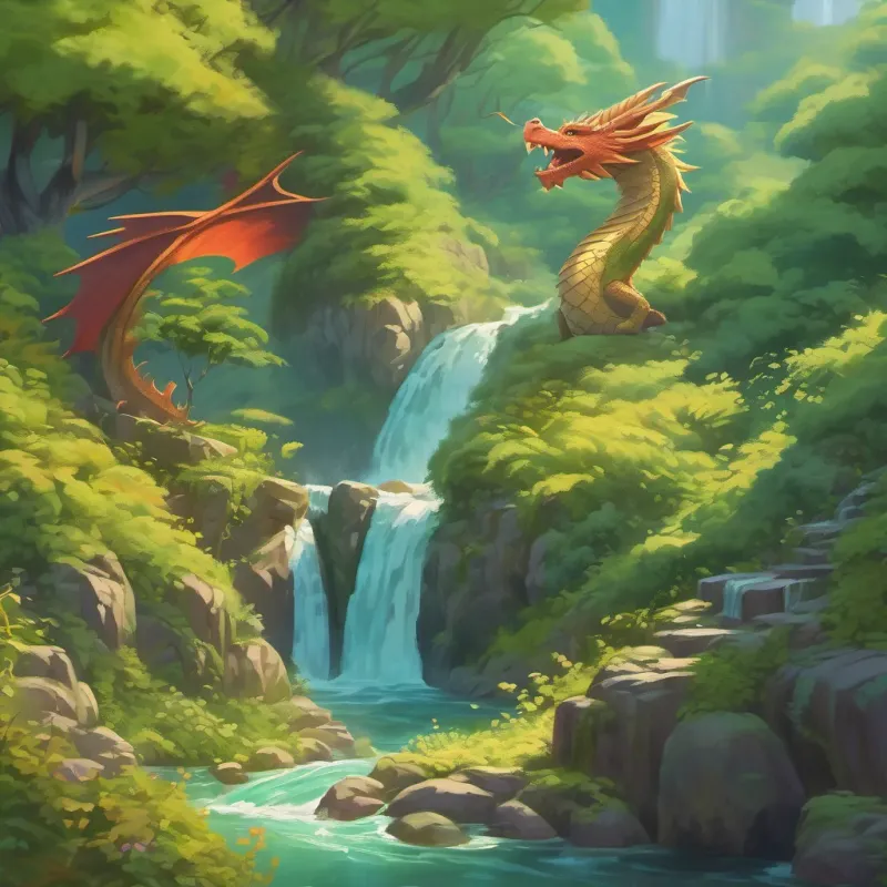 A dragon looking lost flying above twisting brambles towards a hidden waterfall.