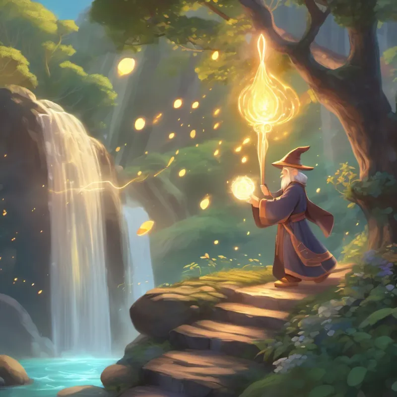 A wizard using his wand to create a magical glowing path through the air leading to the hidden waterfall.
