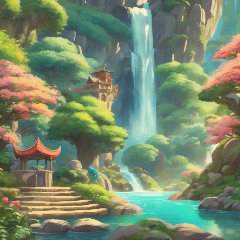 A magical land with a sparkling waterfall where the dragon finds its home.