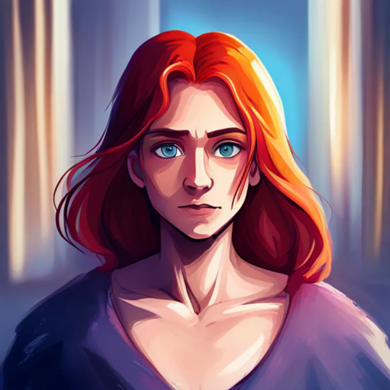 Lila with red hair and blue eyes, wearing a purple cape with red hair and blue eyes, wearing a purple cape