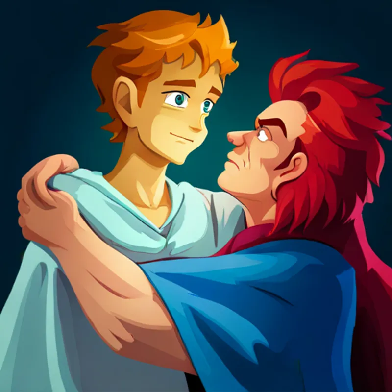 Lila with red hair and blue eyes, wearing a purple cape showing kindness to Malachi, a wicked sorcerer causing trouble in the town, softening his heart