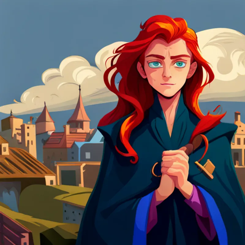 Lila with red hair and blue eyes, wearing a purple cape and Malachi, a wicked sorcerer causing trouble in the town working together to fight evil