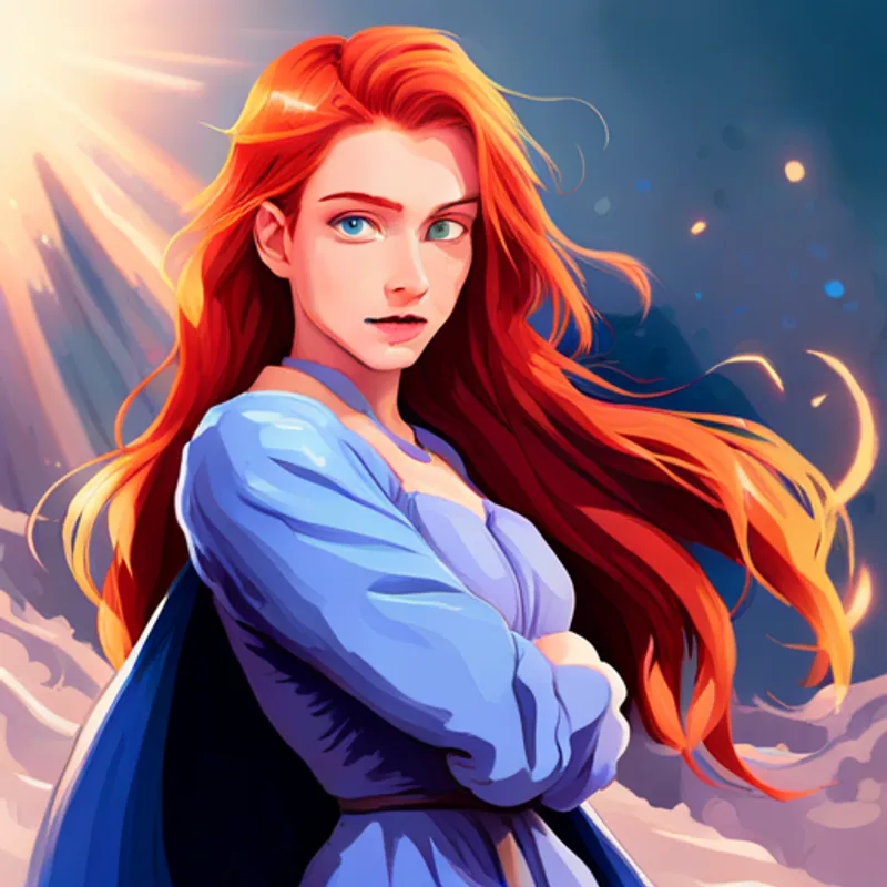 Lila with red hair and blue eyes, wearing a purple cape helping people from all over with her powers