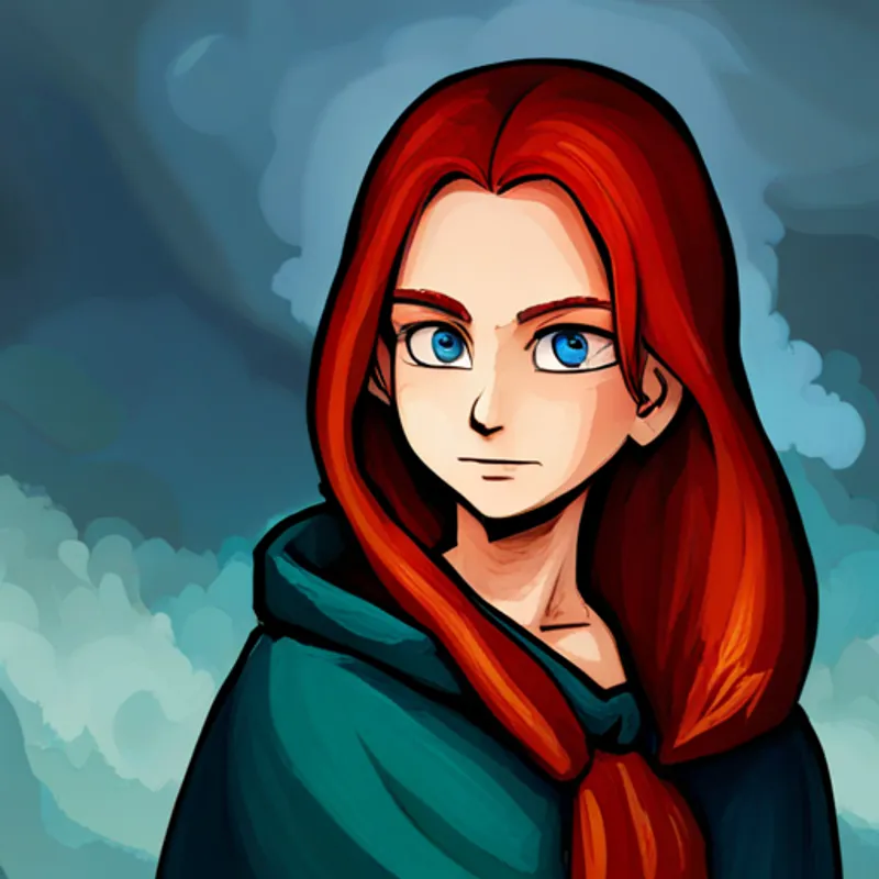 Lila with red hair and blue eyes, wearing a purple cape, the legendary hero loved by all