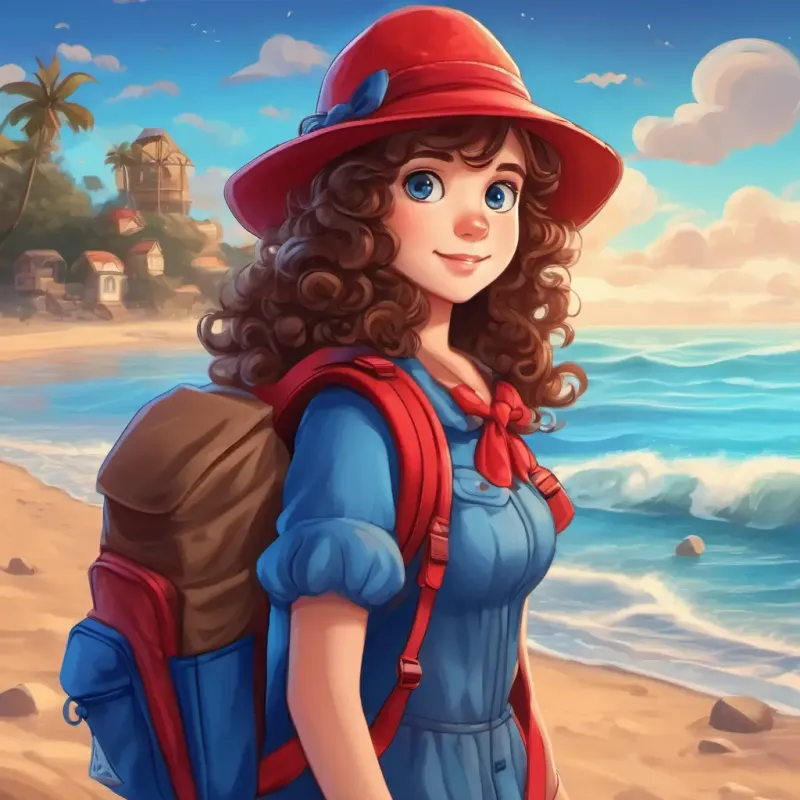 Curly brown hair, blue eyes, red hat, blue backpack with her curly brown hair, wearing a red hat and a blue backpack, standing on a sandy beach, with the sparkling blue sea behind her.