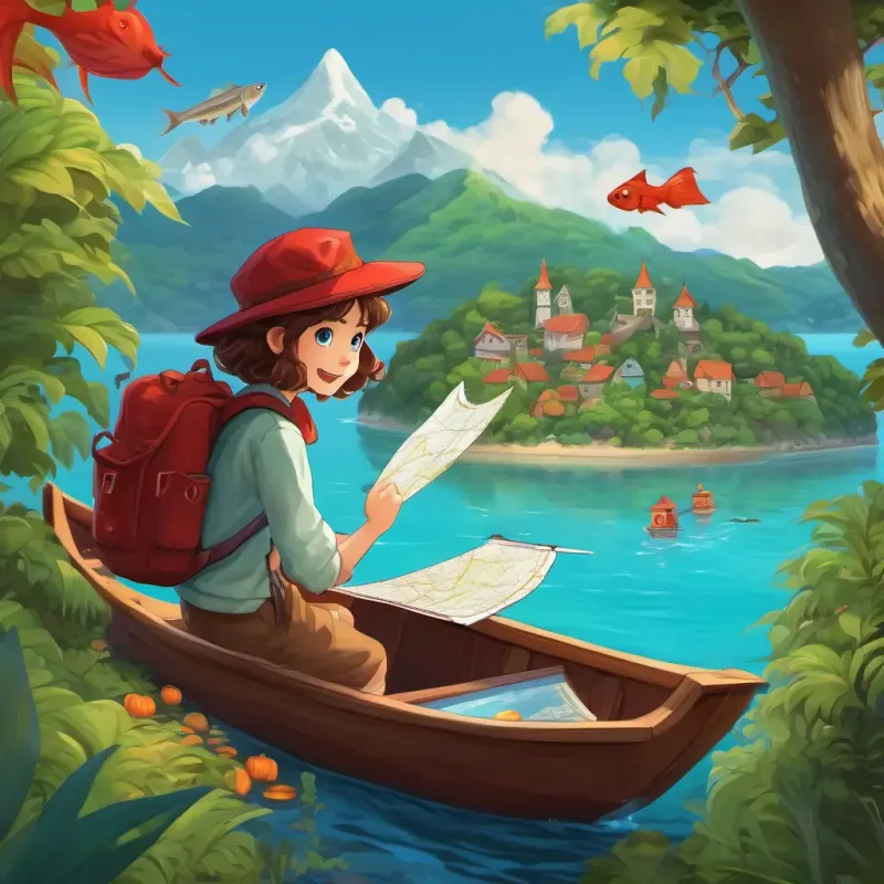 Curly brown hair, blue eyes, red hat, blue backpack on a wooden boat, holding the map and looking excitedly at the fish swimming in the clear blue water. The island can be seen in the distance, covered in lush green trees.