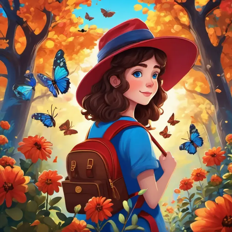 Curly brown hair, blue eyes, red hat, blue backpack surrounded by colorful flowers, with butterflies fluttering around her. Tall trees and a bright blue sky complete the enchanting scene.