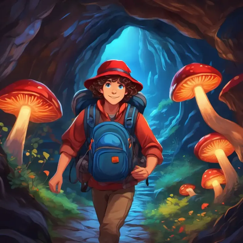 Curly brown hair, blue eyes, red hat, blue backpack entering a mysterious cave with glowing mushrooms illuminating the path. The cave is filled with magical colors and shimmering lights.