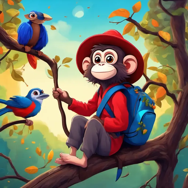 Curly brown hair, blue eyes, red hat, blue backpack sitting on a tree branch, surrounded by a monkey and a bird. The monkey looks mischievous, and the bird has vibrant feathers and is singing a beautiful tune.