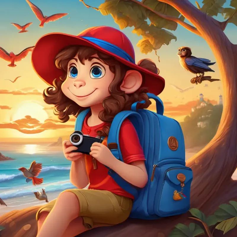 Curly brown hair, blue eyes, red hat, blue backpack sitting on the beach, watching the sun setting over the ocean. Her backpack is filled with special treasures, and the monkey and bird are waving goodbye from a tree branch.