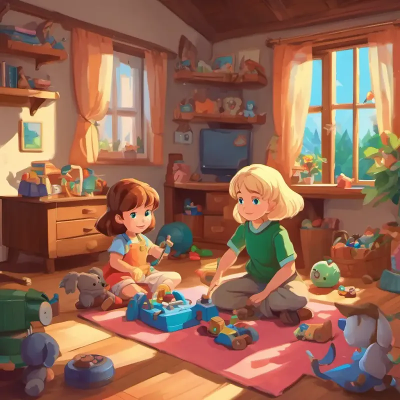Johann has brown hair and green eyes and Rosa has blonde hair and blue eyes playing with their toys in their cozy room