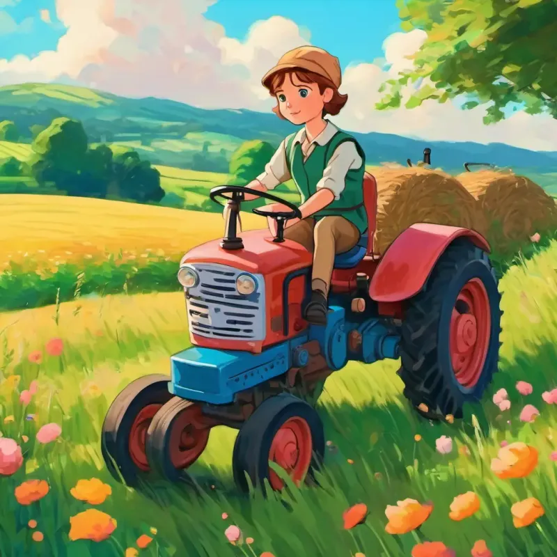Johann has brown hair and green eyes and Rosa has blonde hair and blue eyes sitting on the tractor, driving through a meadow