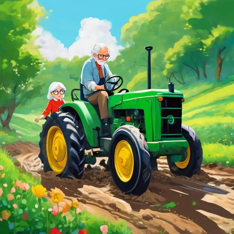 Mr Schmidt is a kind old man with gray hair and glasses helping Johann has brown hair and green eyes and Rosa has blonde hair and blue eyes by pulling the tractor out of the mud