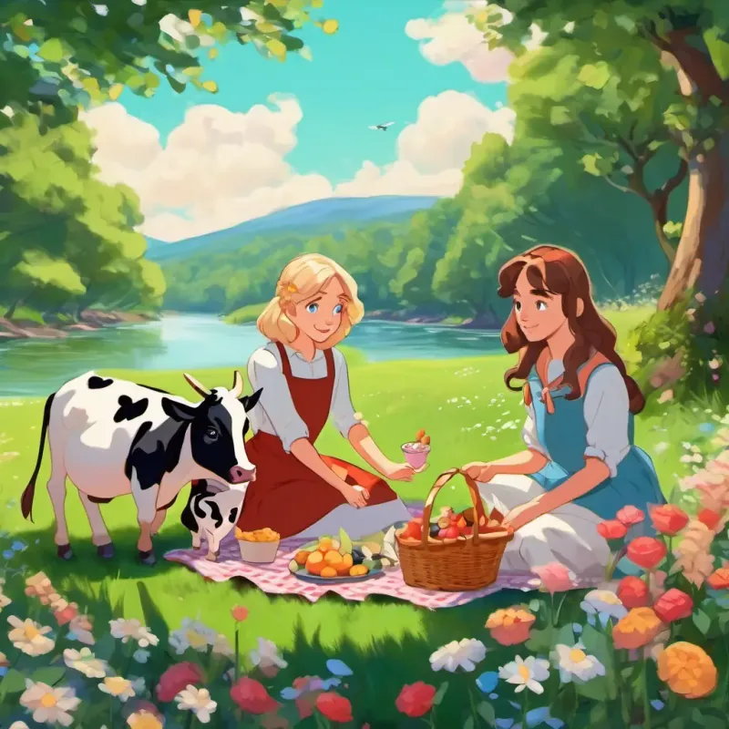 Johann has brown hair and green eyes and Rosa has blonde hair and blue eyes having a picnic by a river, surrounded by flowers and cows