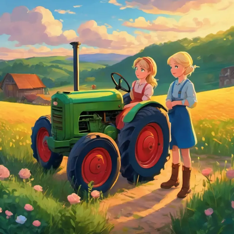 Johann has brown hair and green eyes and Rosa has blonde hair and blue eyes saying goodbye to the tractor, ready to go to bed