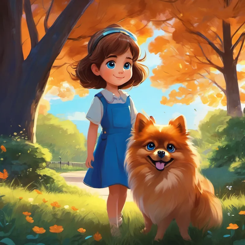 A little girl with brown hair and bright blue eyes and A fluffy Pomeranian with orange fur and big, brown eyes at the park, with trees, grass, and a blue sky