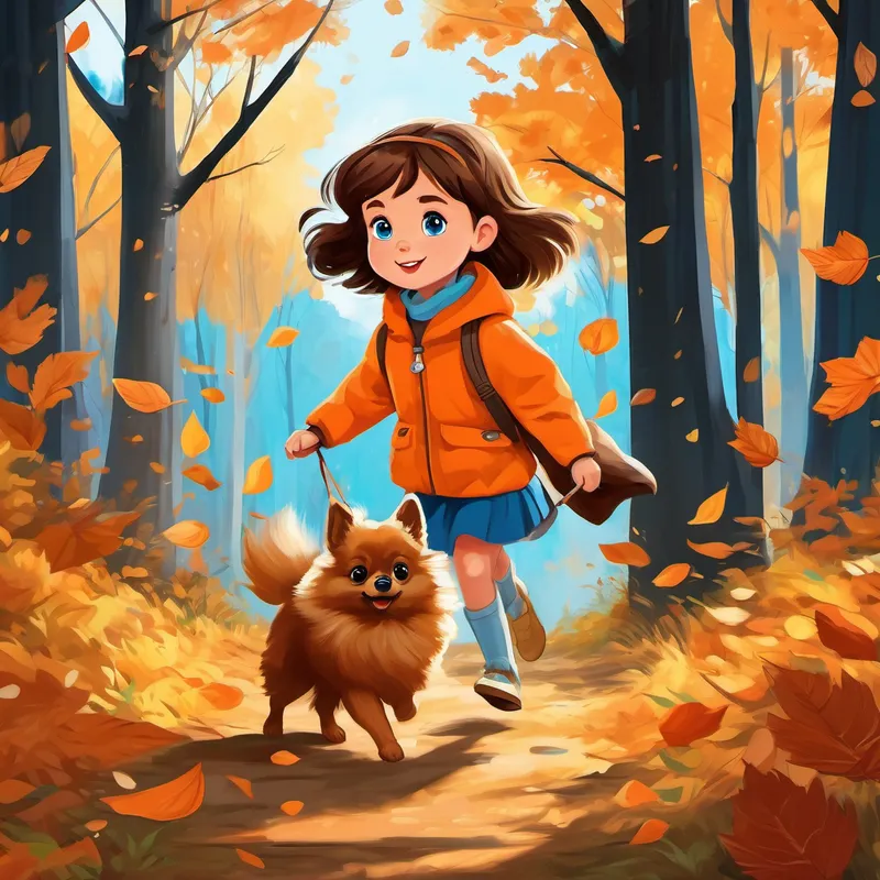 A little girl with brown hair and bright blue eyes and A fluffy Pomeranian with orange fur and big, brown eyes chasing a squirrel in the woods, with tall trees and fallen leaves
