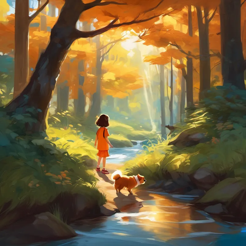 A little girl with brown hair and bright blue eyes and A fluffy Pomeranian with orange fur and big, brown eyes lost in the woods, following a brook, with sunlight filtering through the trees