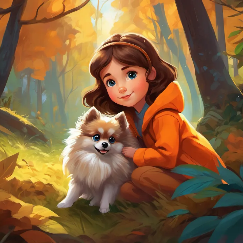 A little girl with brown hair and bright blue eyes and A fluffy Pomeranian with orange fur and big, brown eyes with a friendly deer, in a peaceful forest clearing