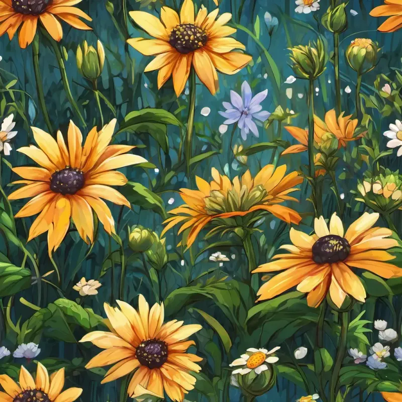 Eine farbenfrohe Illustration eines Gartens mit vielen Blumen. In der Mitte steht eine Biene namens Eine Biene mit leuchtend gelben und schwarzen Streifen.