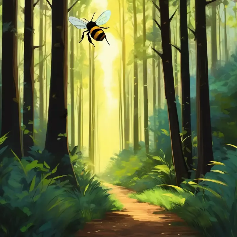 Eine Illustration von Eine Biene mit leuchtend gelben und schwarzen Streifen, die verwirrt auf einem Baumstamm im dunklen Wald sitzt.