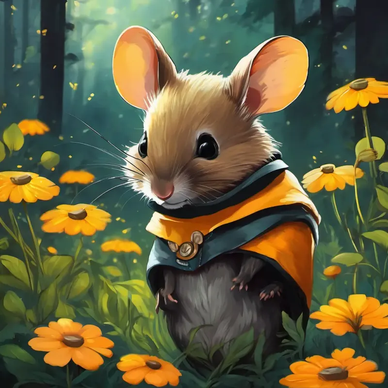 Eine Illustration von Eine Biene mit leuchtend gelben und schwarzen Streifen, die aufgeregt auf einer Blume sitzt und Eine kleine Maus, braun mit großen schwarzen Augen, die kleine Maus, die freudig neben ihr steht.