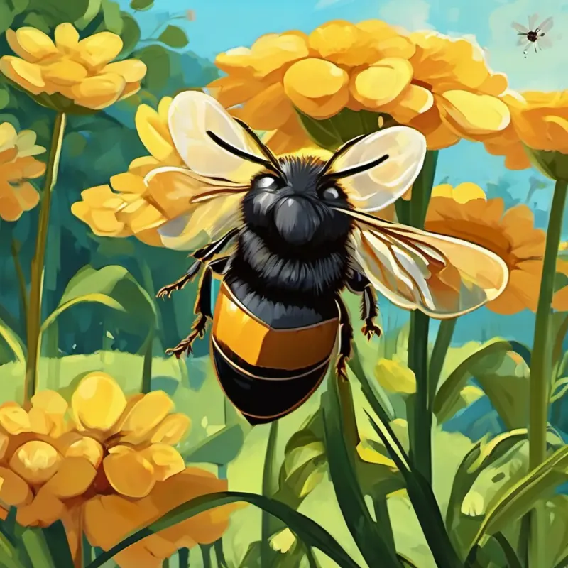 Eine Illustration von Eine Biene mit leuchtend gelben und schwarzen Streifen und Eine kleine Maus, braun mit großen schwarzen Augen, die Seite an Seite fliegen und auf den Garten zusteuern.